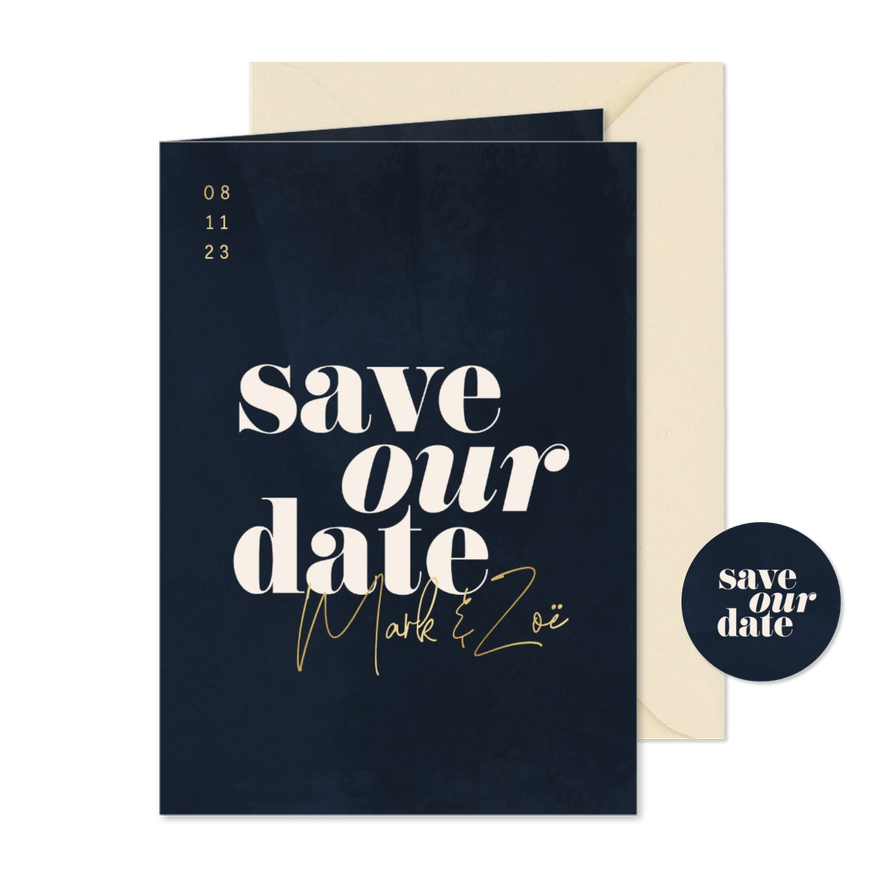 Minimalistische save the date donkerblauw met waterverf - Kaartimpressie