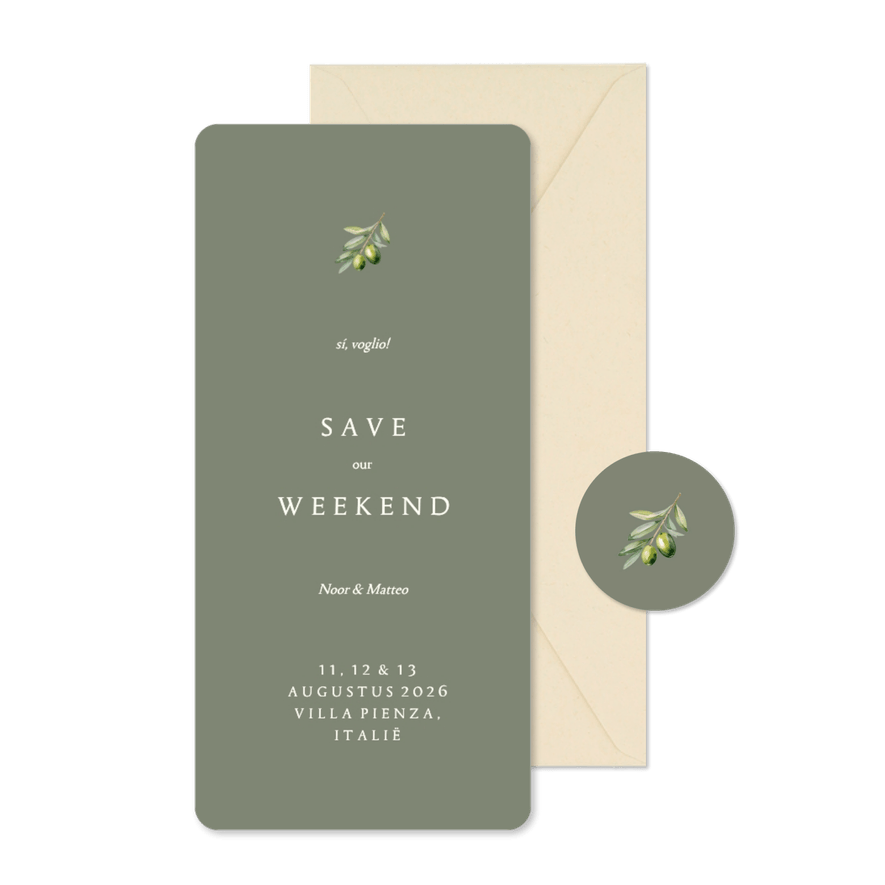 Minimalistische save the date groen met olijftakje - Kaartimpressie