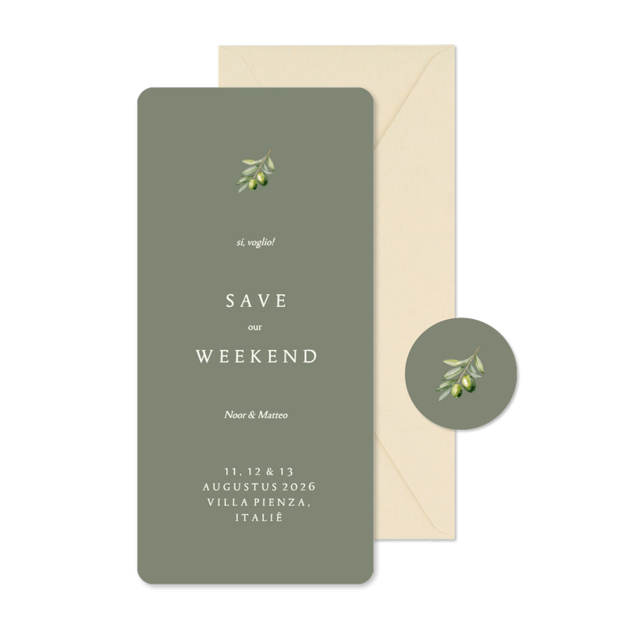 Minimalistische save the date groen met olijftakje - Kaartimpressie