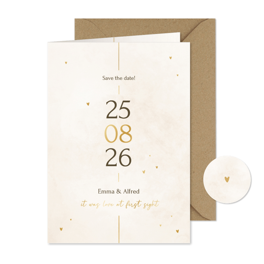 Minimalistische save the date kaart met gouden details - Kaartimpressie