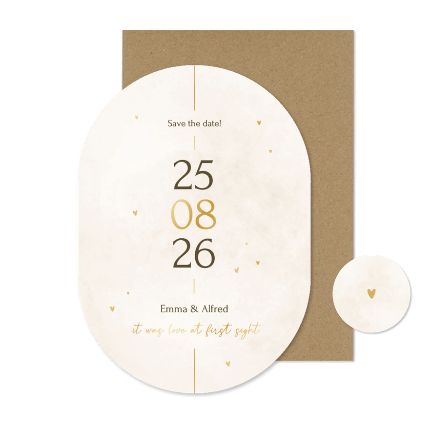 Minimalistische save the date kaart ovaal met gouden details - Kaartimpressie
