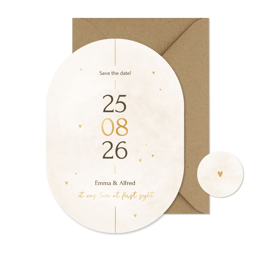 Minimalistische save the date kaart ovaal met gouden details - Kaartimpressie