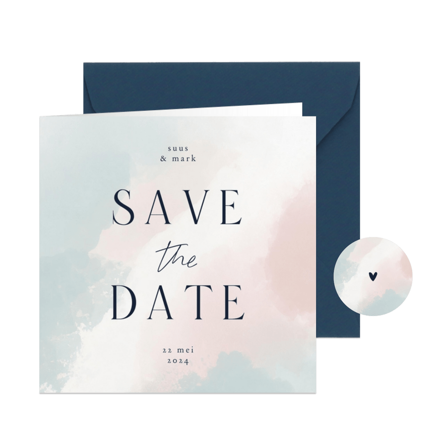 Minimalistische save the date met waterverf blauw roze wit - Kaartimpressie