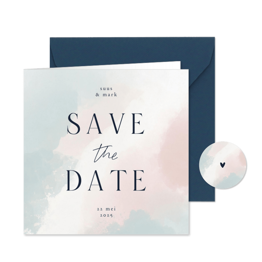 Minimalistische save the date met waterverf blauw roze wit - Kaartimpressie