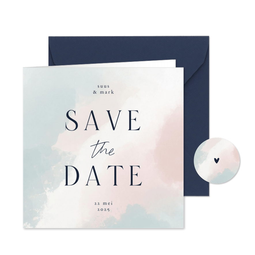 Minimalistische save the date met waterverf blauw roze wit - Kaartimpressie