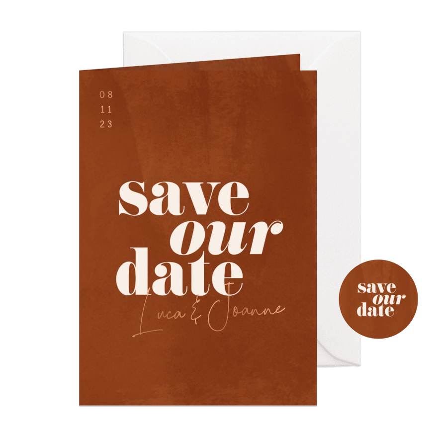 Minimalistische save the date roestbruin met waterverf - Kaartimpressie