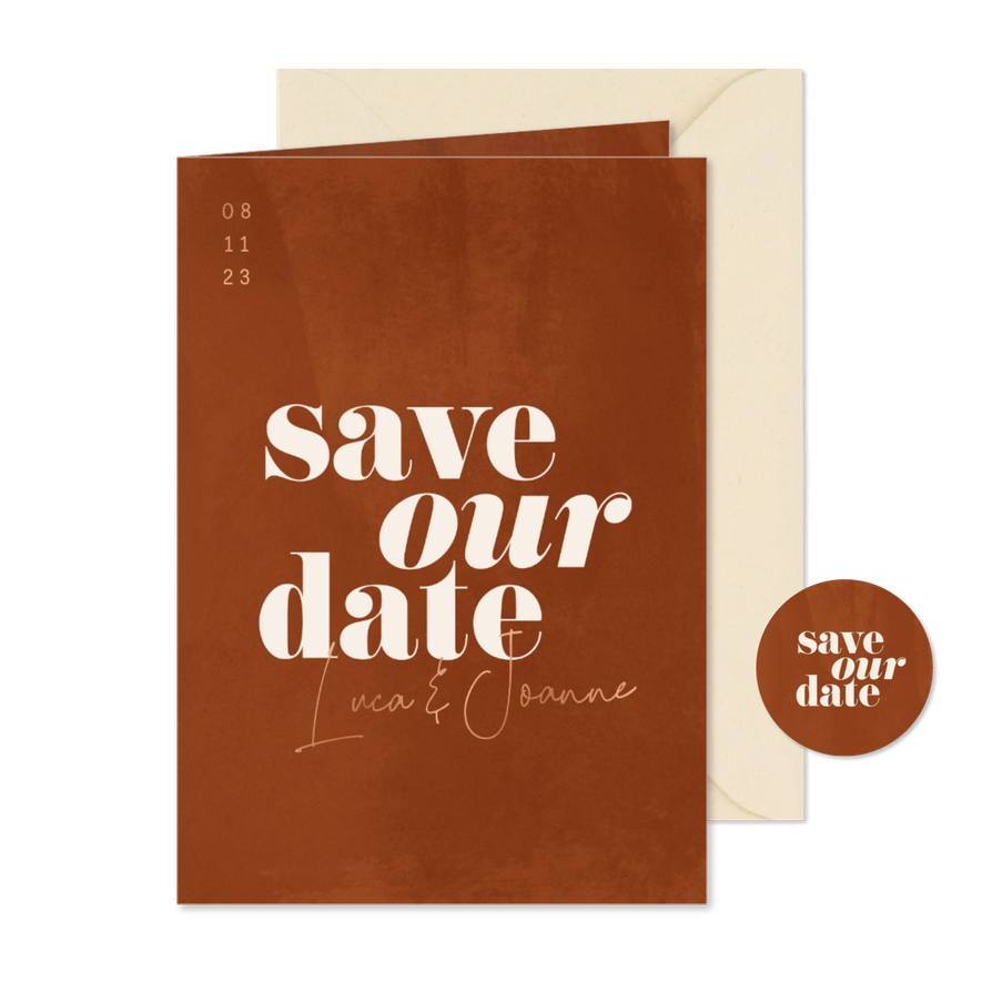 Minimalistische save the date roestbruin met waterverf - Kaartimpressie