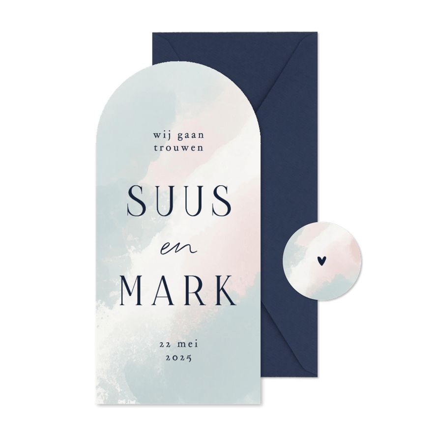 Minimalistische save the date waterverf blauw roze wit boog - Kaartimpressie