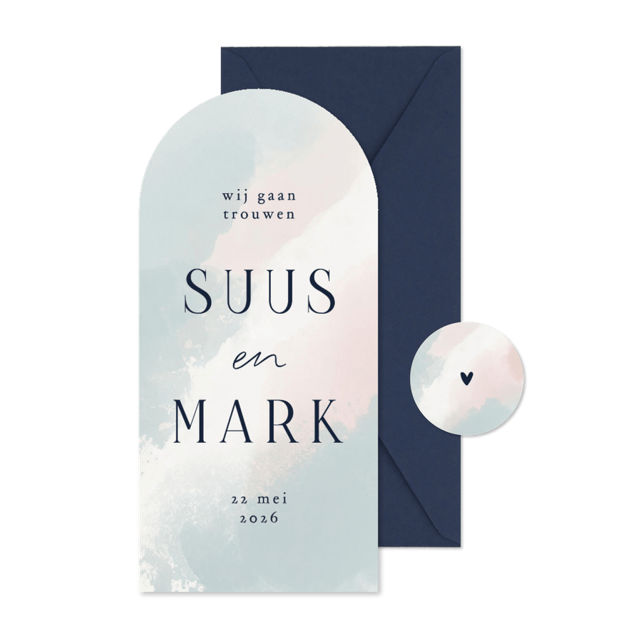 Minimalistische save the date waterverf blauw roze wit boog - Kaartimpressie