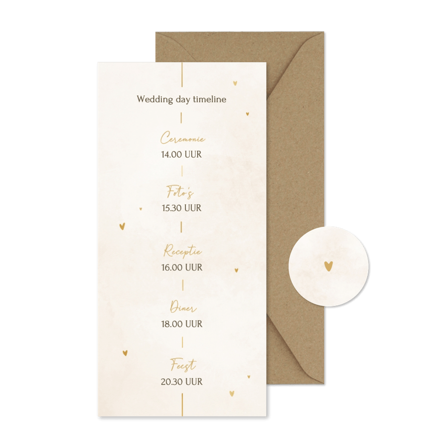 Minimalistische tijdlijn trouwkaart met gouden details - Kaartimpressie