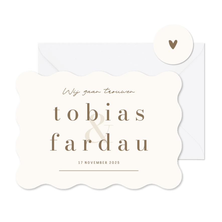 Minimalistische trouwkaart beige bruin wij gaan trouwen golf - Kaartimpressie