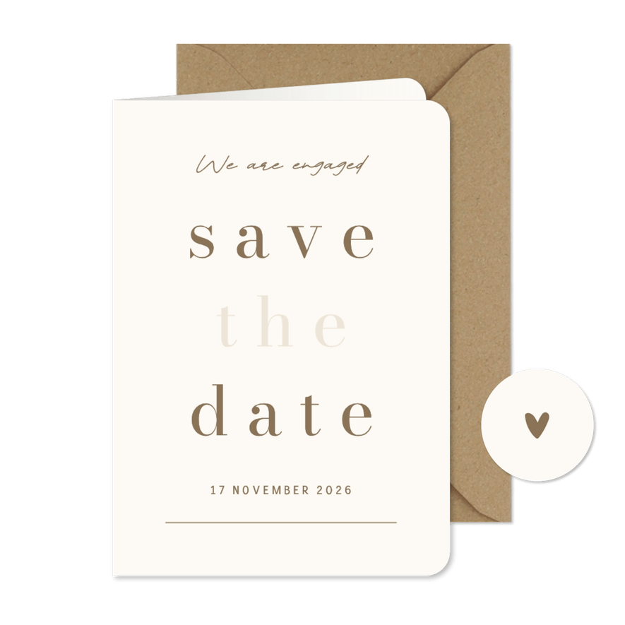 Minimalistische trouwkaart beige met bruin save the date - Kaartimpressie