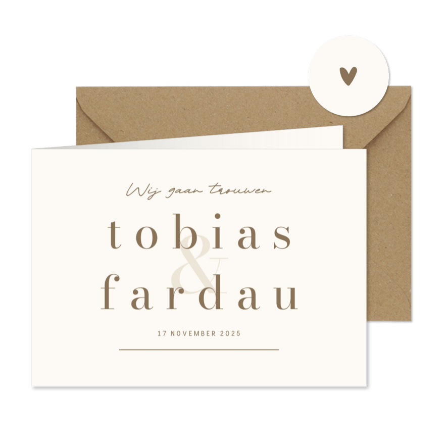 Minimalistische trouwkaart beige met bruin wij gaan trouwen - Kaartimpressie