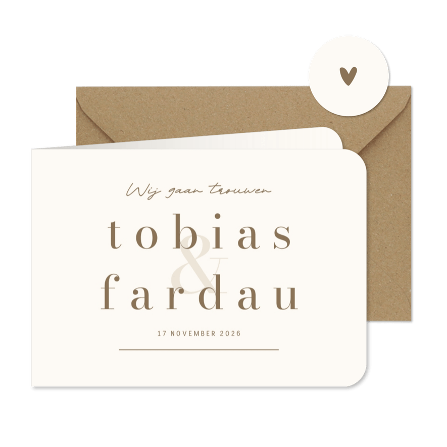 Minimalistische trouwkaart beige met bruin wij gaan trouwen - Kaartimpressie