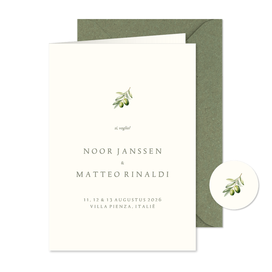 Minimalistische trouwkaart beige met olijftakje - Kaartimpressie