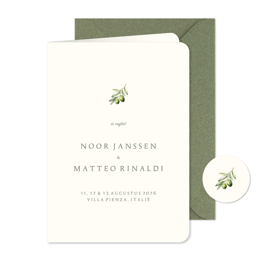 Minimalistische trouwkaart beige met olijftakje - Kaartimpressie