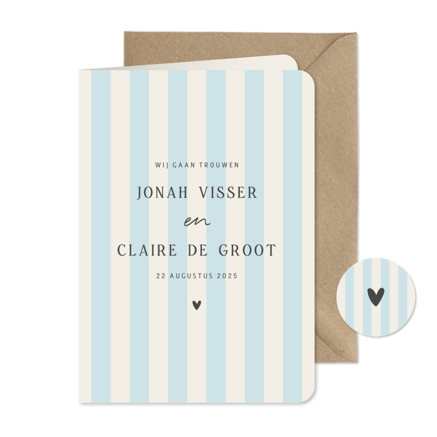 Minimalistische trouwkaart blauw beige strepen - Kaartimpressie