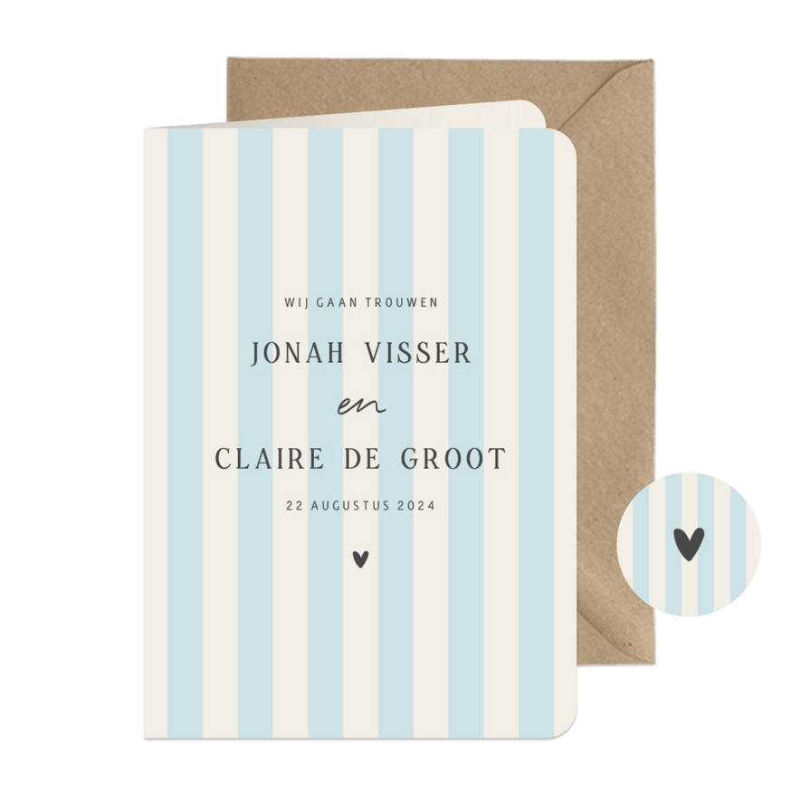 Minimalistische trouwkaart blauw beige strepen - Kaartimpressie