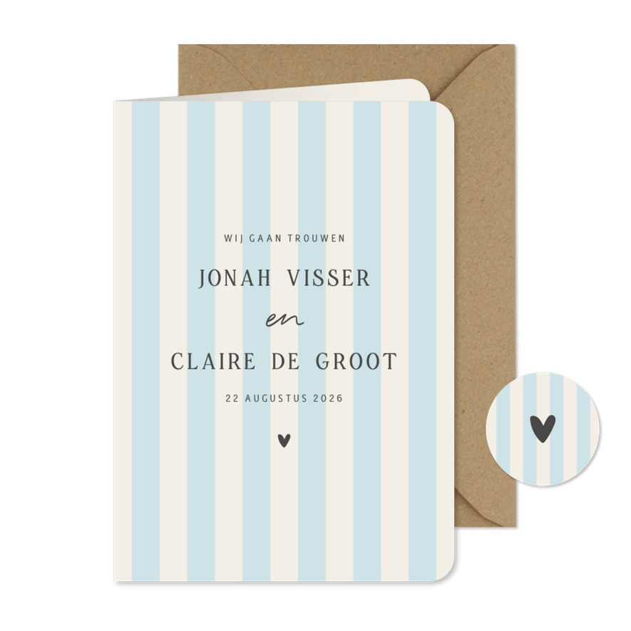 Minimalistische trouwkaart blauw beige strepen - Kaartimpressie