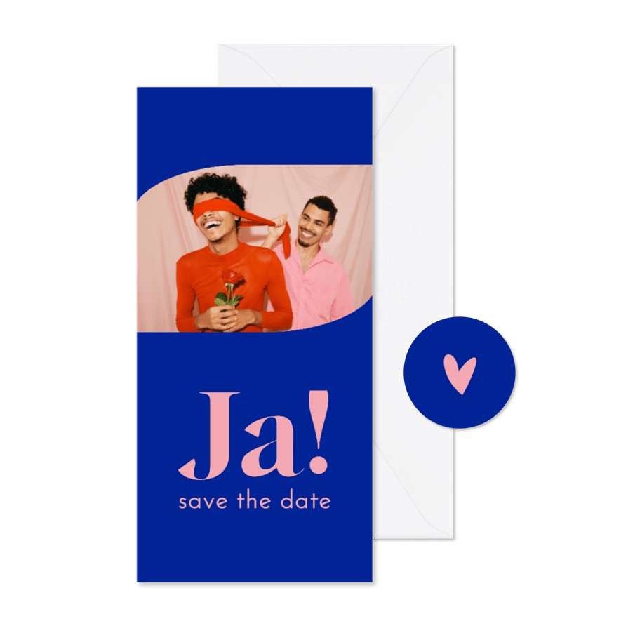 Minimalistische trouwkaart colorblocking blauw roze - Kaartimpressie