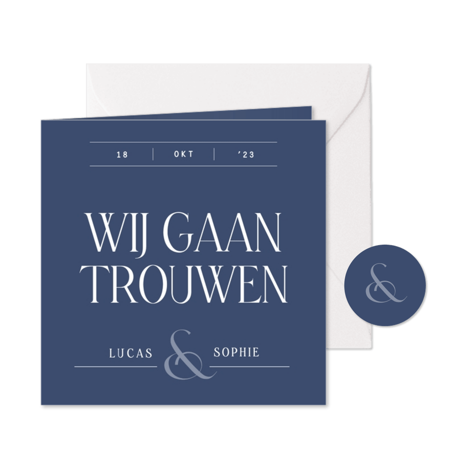 Minimalistische trouwkaart met lijntjes in donkerblauw - Kaartimpressie