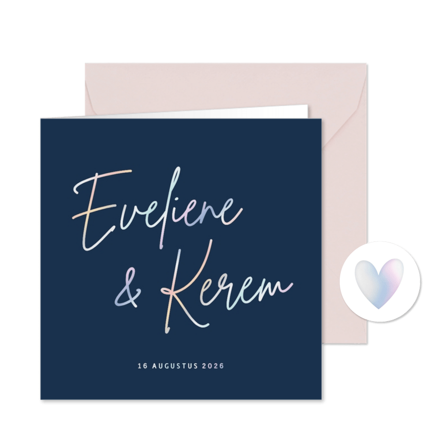 Minimalistische trouwkaart met namen in holografisch folie - Kaartimpressie