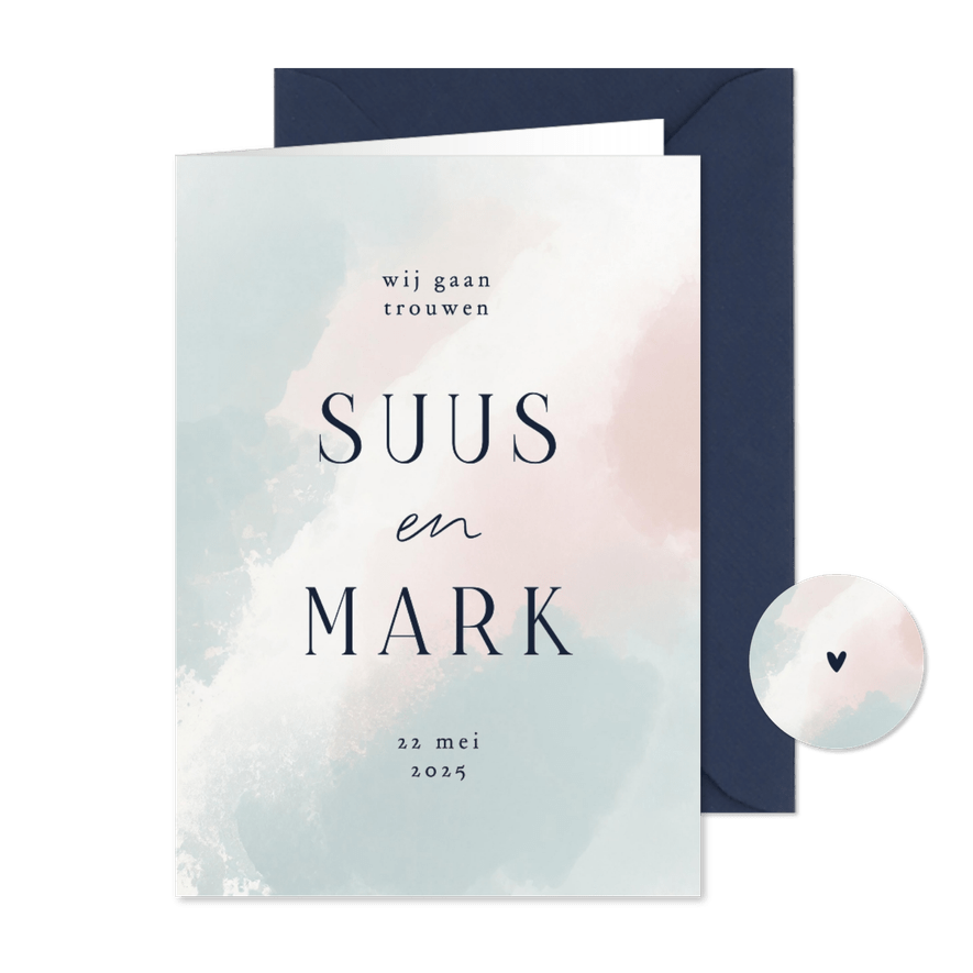 Minimalistische trouwkaart met waterverf roze blauw wit - Kaartimpressie