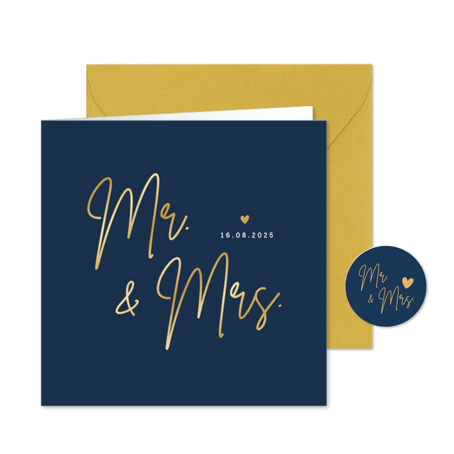 Minimalistische trouwkaart Mr & Mrs - wij zijn getrouwd! - Kaartimpressie