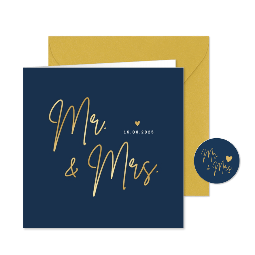 Minimalistische trouwkaart Mr & Mrs - wij zijn getrouwd! - Kaartimpressie