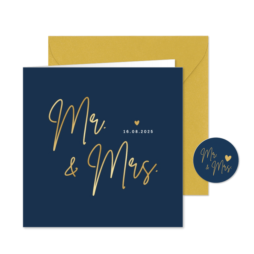 Minimalistische trouwkaart Mr & Mrs - wij zijn getrouwd! - Kaartimpressie