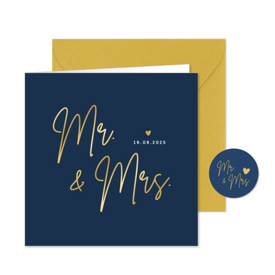 Minimalistische trouwkaart Mr & Mrs - wij zijn getrouwd! - Kaartimpressie