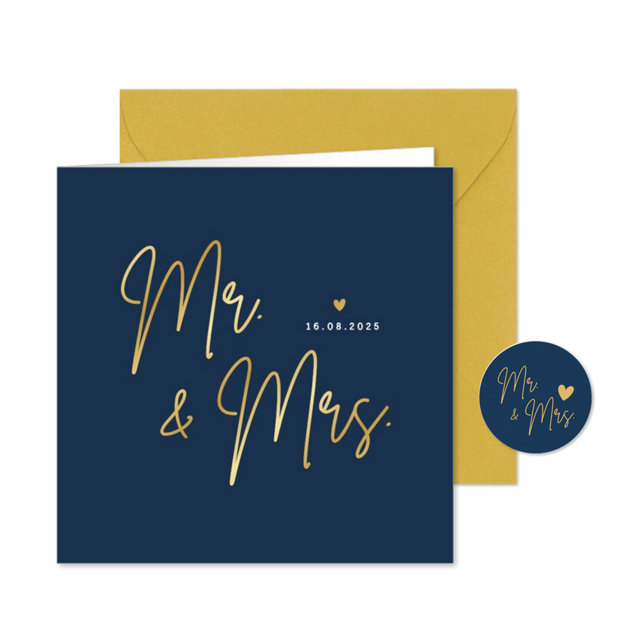 Minimalistische trouwkaart Mr & Mrs - wij zijn getrouwd! - Kaartimpressie