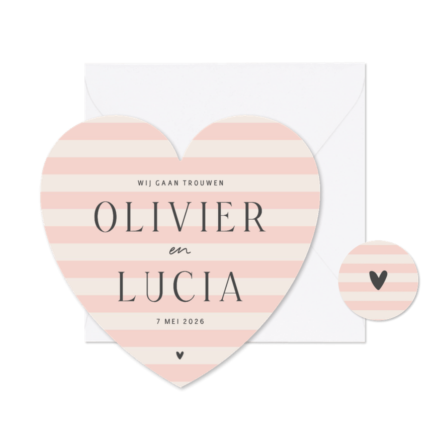 Minimalistische trouwkaart roze beige gestreept in hartvorm - Kaartimpressie