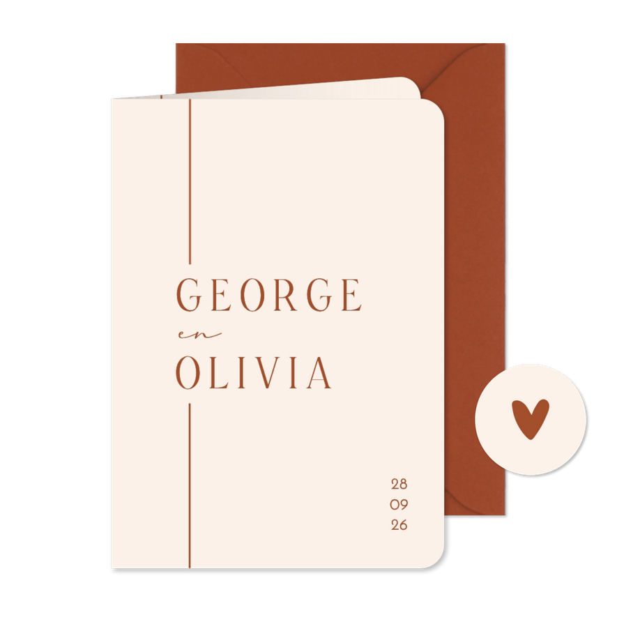 Minimalistische trouwuitnodiging met lijn beige terracotta - Kaartimpressie