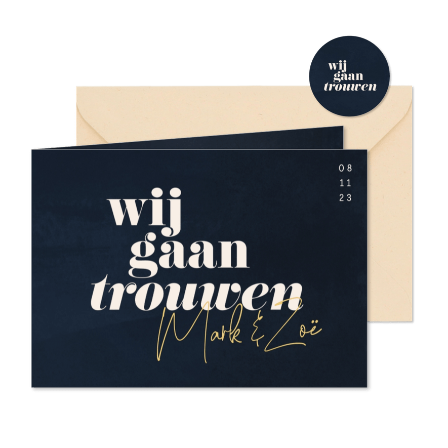 Minimalistische uitnodiging bruiloft donkerblauw waterverf - Kaartimpressie