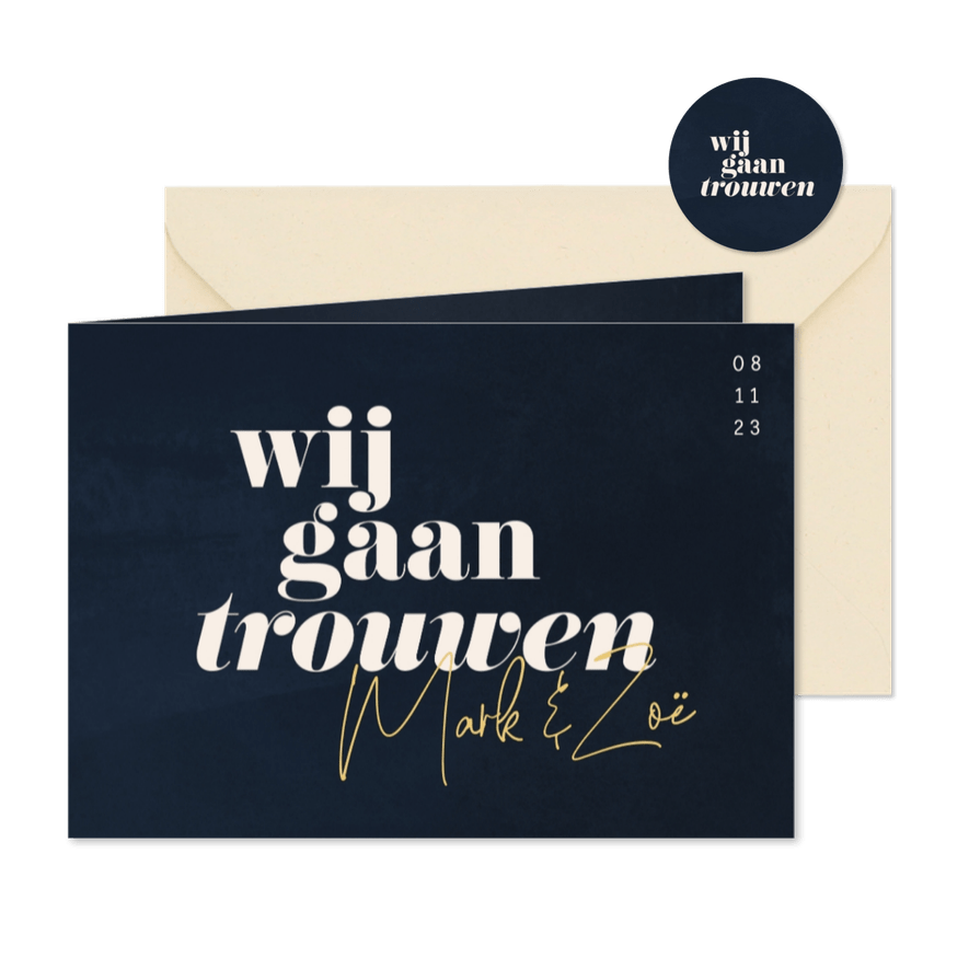 Minimalistische uitnodiging bruiloft donkerblauw waterverf - Kaartimpressie