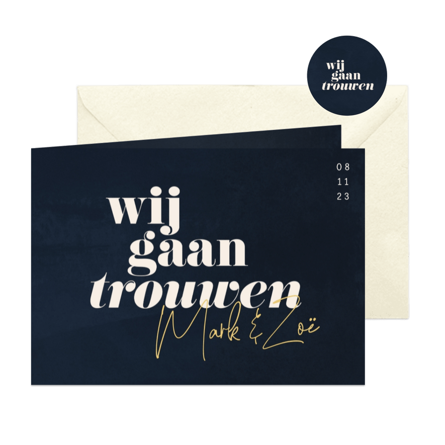 Minimalistische uitnodiging bruiloft donkerblauw waterverf - Kaartimpressie