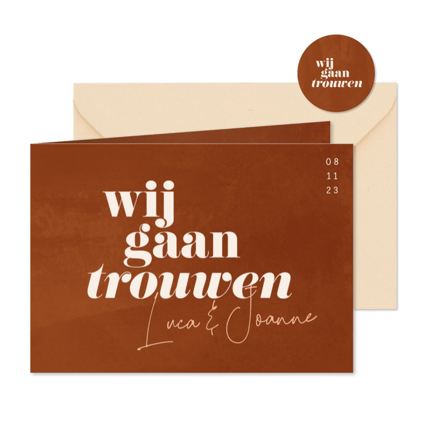 Minimalistische uitnodiging bruiloft roestbruin waterverf - Kaartimpressie