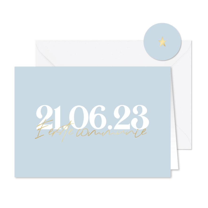 Minimalistische uitnodiging communie grote tekst met folie - Kaartimpressie