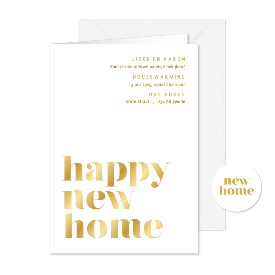 Minimalistische uitnodiging housewarming goud - Kaartimpressie