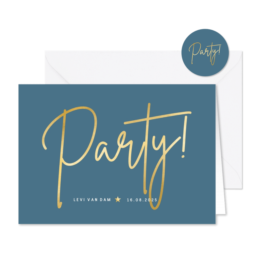 Minimalistische uitnodiging met sierlijke letters party! - Kaartimpressie