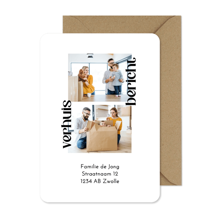 Minimalistische verhuiskaart verhuisbericht en twee foto's - Kaartimpressie