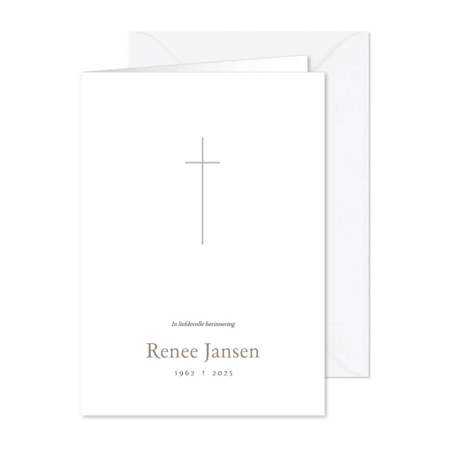 Minimalistische witte rouwkaart met subtiel kruisje - Kaartimpressie