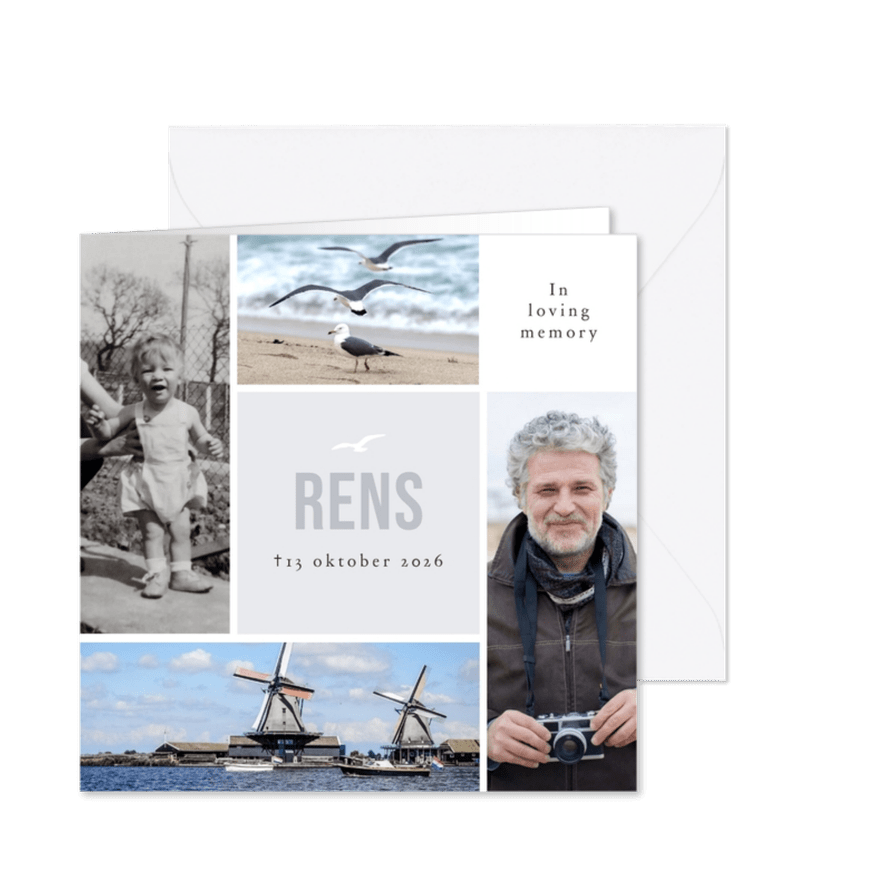 Moderen rouwkaart vierkant landschap 4 foto's silhouet vogel - Kaartimpressie