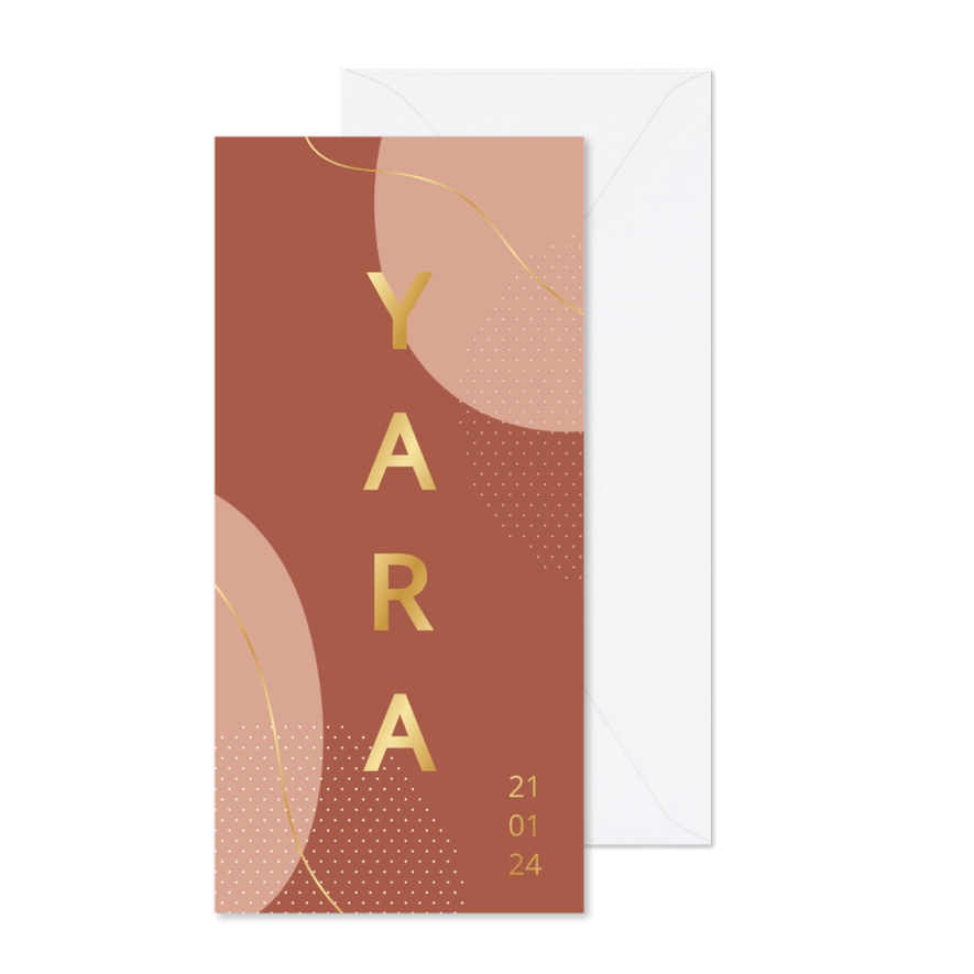 Modern abstract geboortekaartje met gouden accenten in bruin - Kaartimpressie