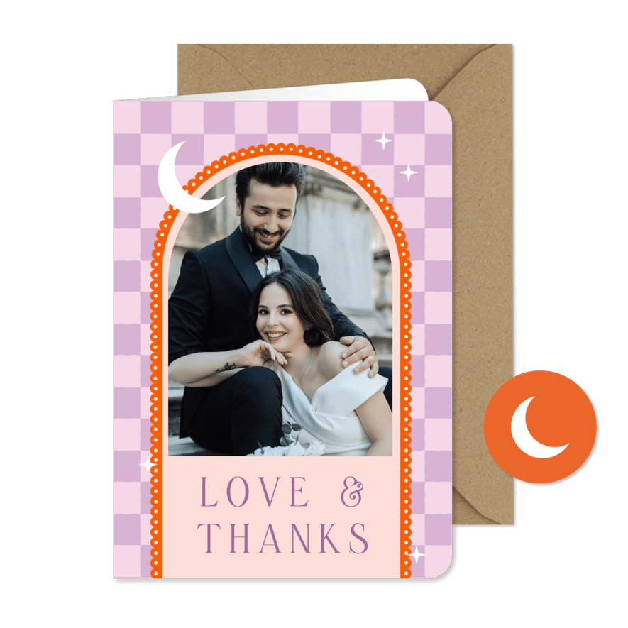 Modern bedankkaartje met paarse ruitjes oranje boog en maan - Kaartimpressie