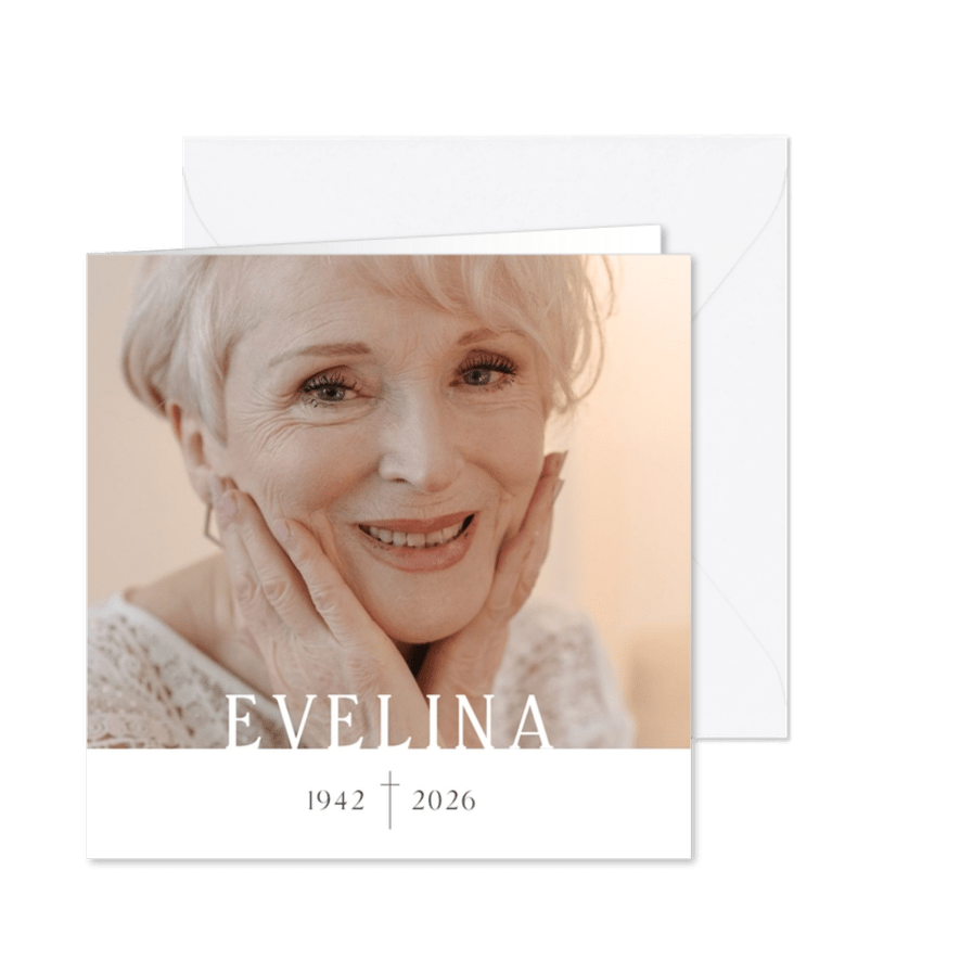 Modern bedankt rouwkaart met foto naam en jaartallen - Kaartimpressie