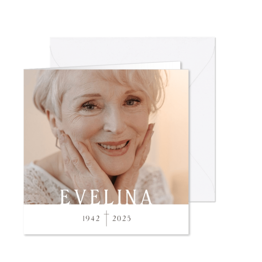Modern bedankt rouwkaart met foto naam en jaartallen - Kaartimpressie