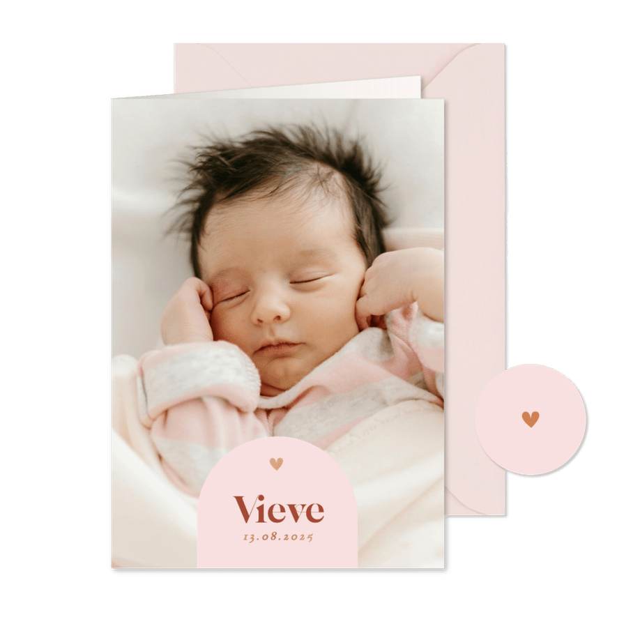 Modern fotokaartje geboorte met roze boogje koperfolie - Kaartimpressie