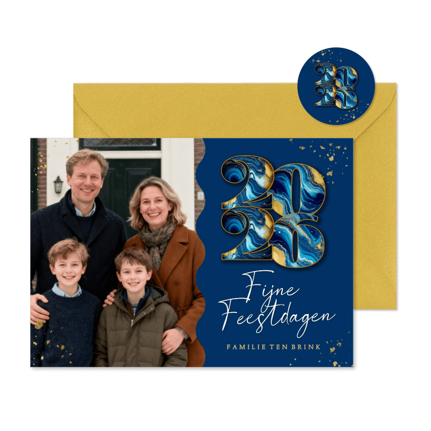Modern fotokaartje kerst met marmeren 2026 blauw - Kaartimpressie